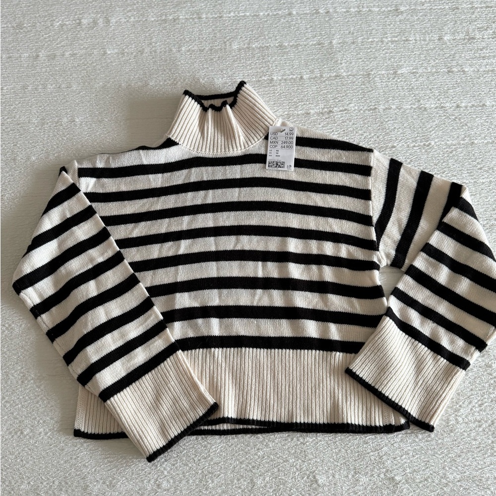 H&M Cream and Black Striped Turtleneck